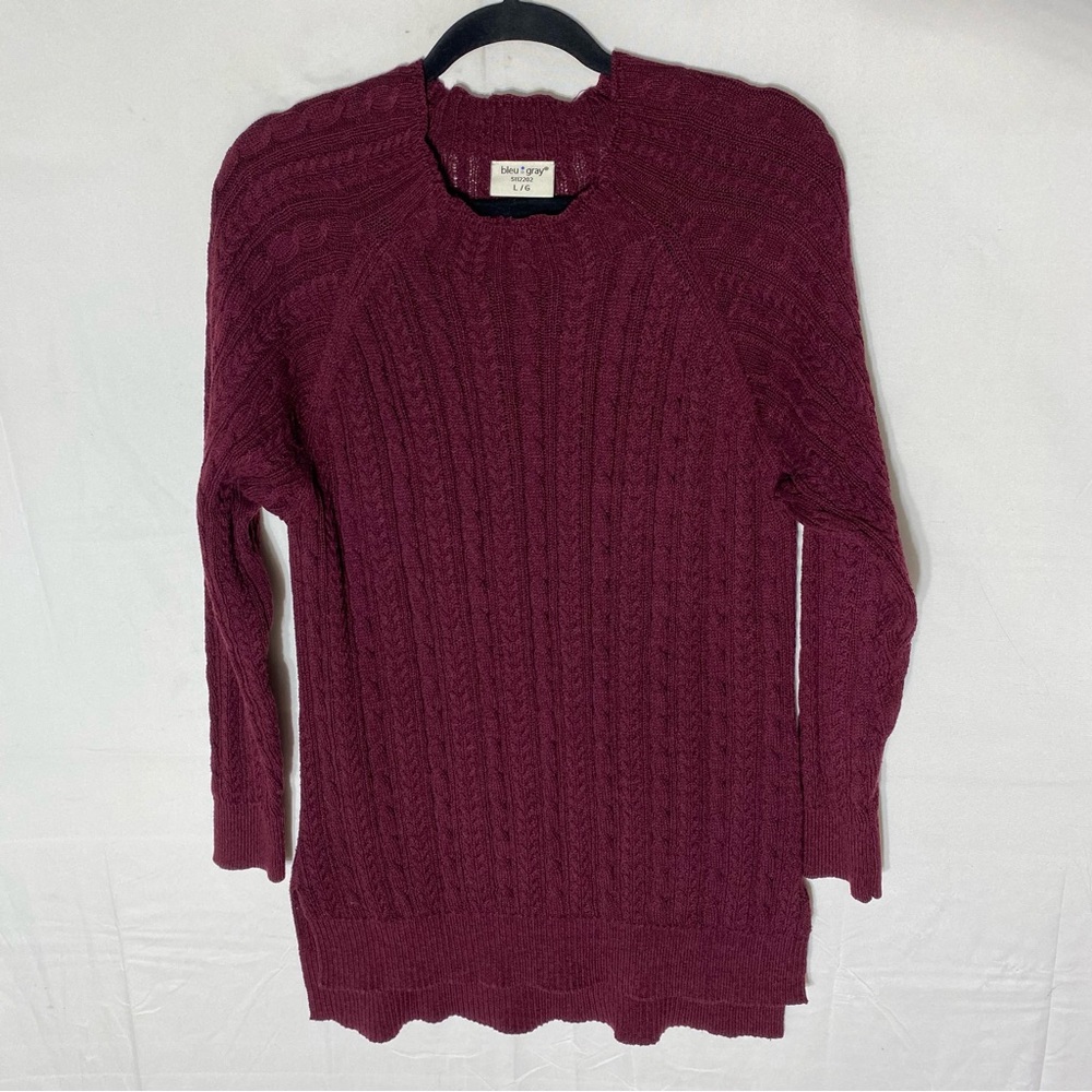 Bleu Gray Burgundy Cable Knit Crew Neck Sweater L